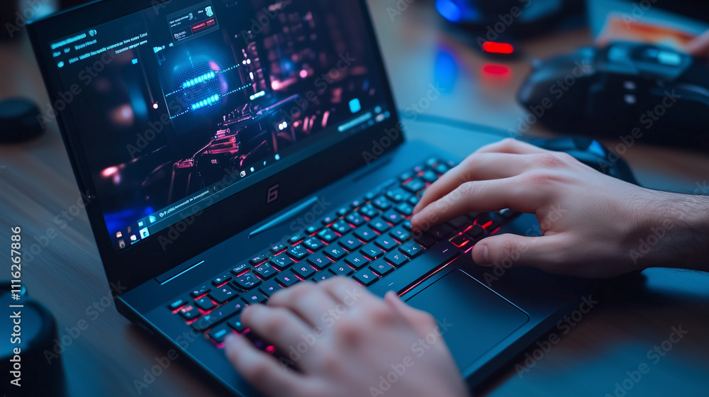 Poster a close-up view of hands typing on a sleek laptop with a vibrant screen showing an ai chat interface