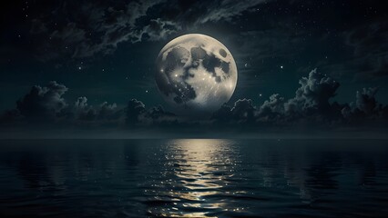 Fototapeta premium A full moon over water in the night sky.