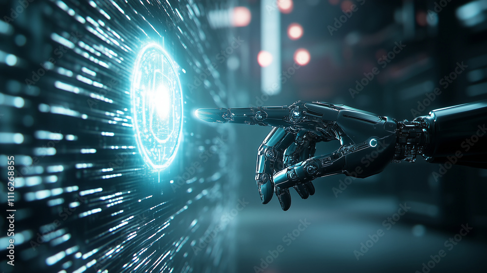 Poster a robotic hand with intricate mechanical details interacting with a floating ai symbol, glowing brig
