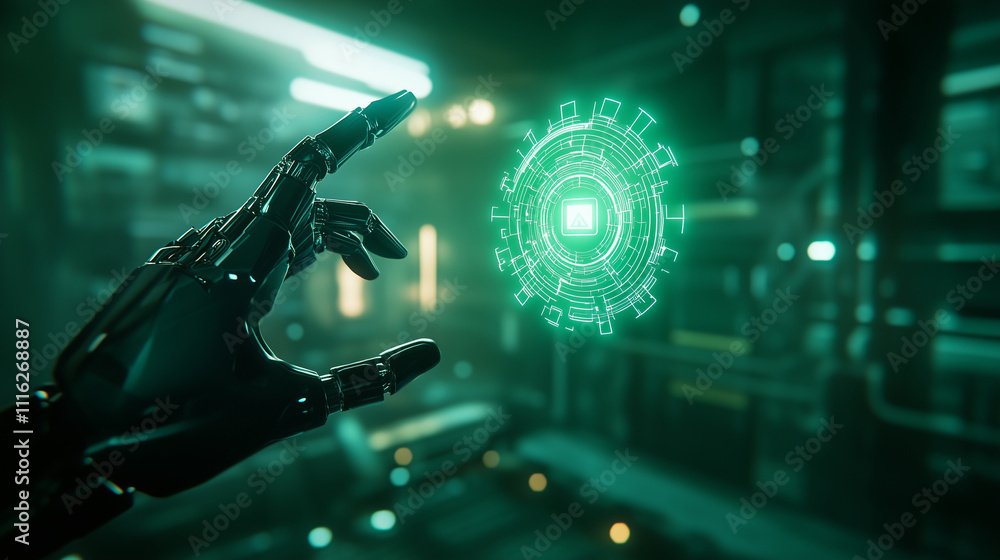 Poster a robotic hand with intricate mechanical details interacting with a floating ai symbol, glowing brig