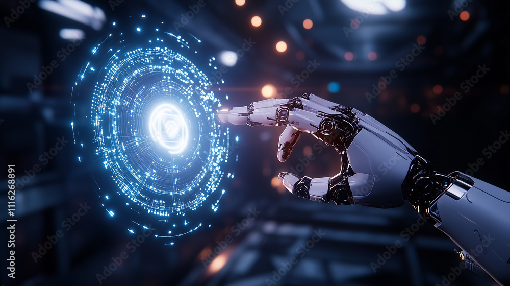 Poster a robotic hand with intricate mechanical details interacting with a floating ai symbol, glowing brig
