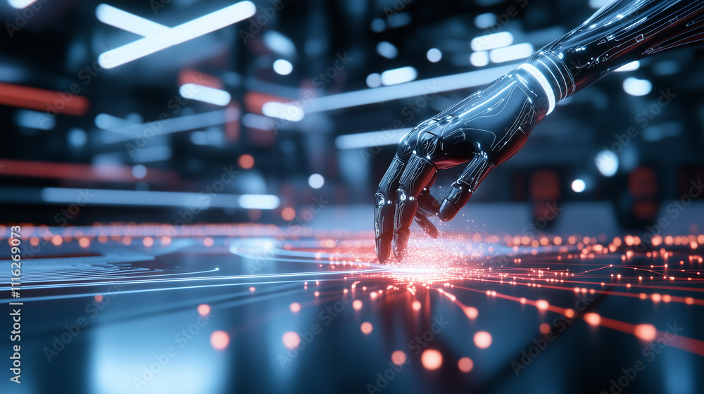 Poster a high-tech environment showcasing a robot hand pressing a luminous ai button, with sparks of innova