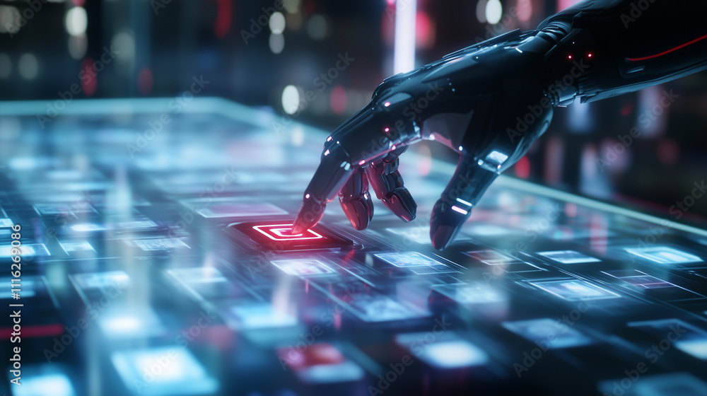 Poster a robotic hand pressing a large, illuminated ai button, with the surrounding area filled with transp