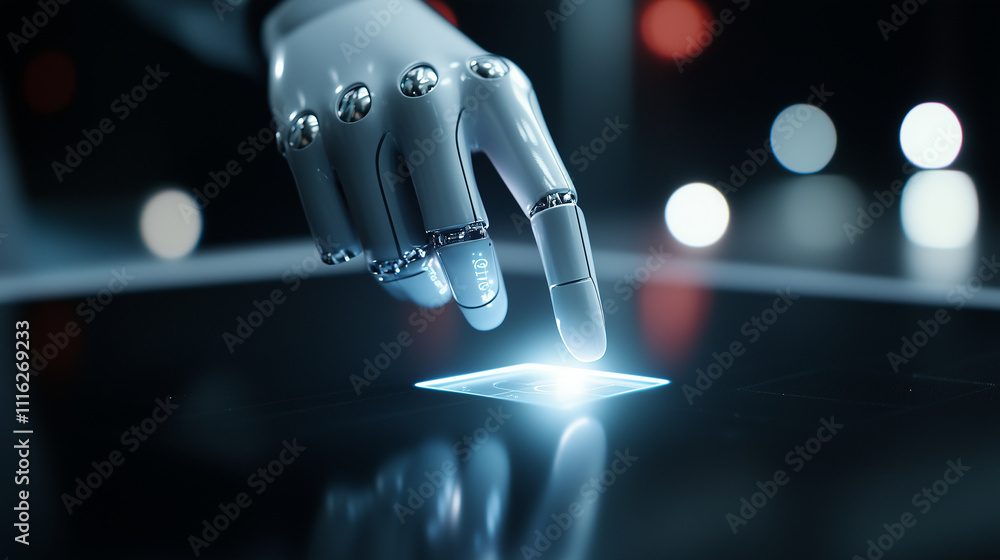 Poster a high-definition close-up of a robotic finger activating an ai button on a glossy black console, wi