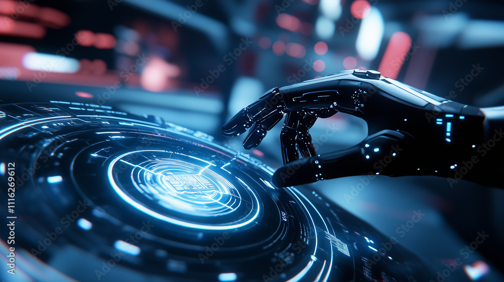 Poster a dynamic, futuristic setting with a robot hand pressing a central ai button, as holographic display