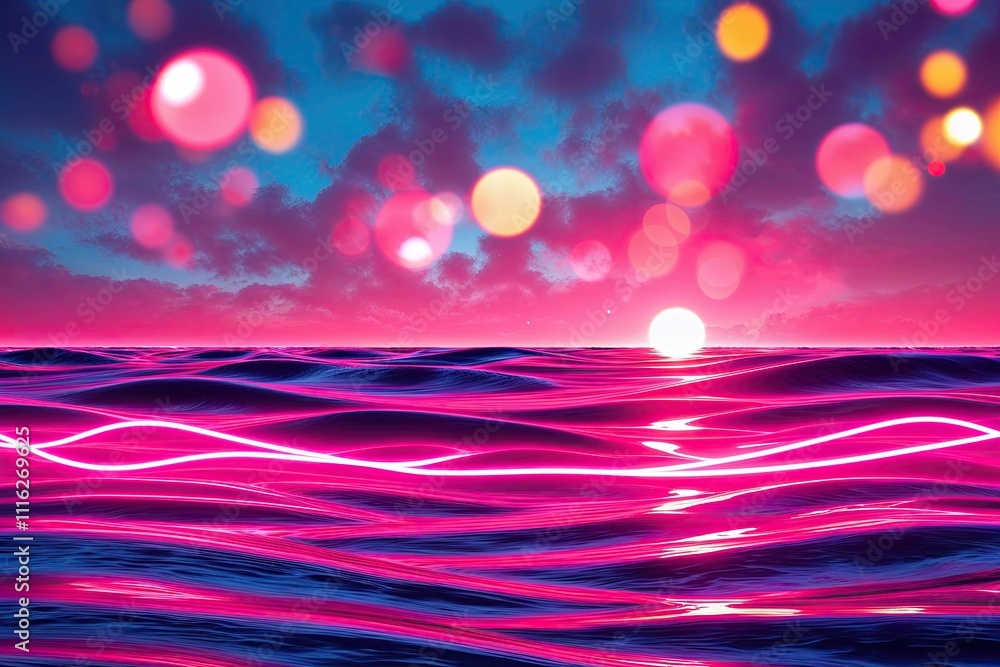 Poster vibrant three-dimensional neon background with waves and bokeh flares