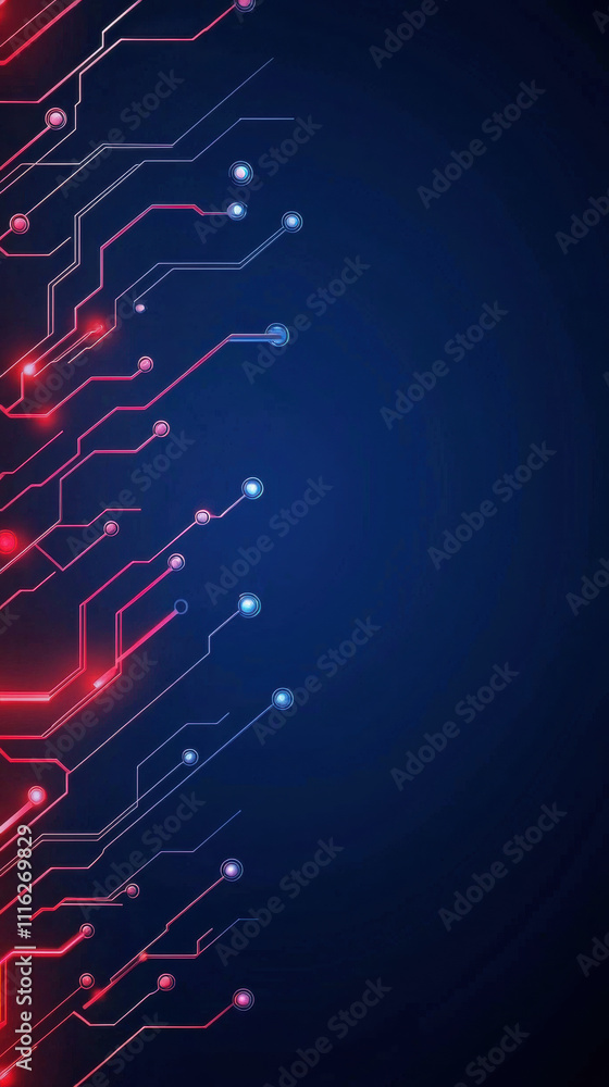 Poster a digital background featuring intricate circuitry patterns in red and blue against a dark backdrop,