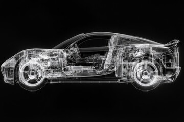 X ray perspective of contemporary automobile showcasing internal parts, framework, and innovations