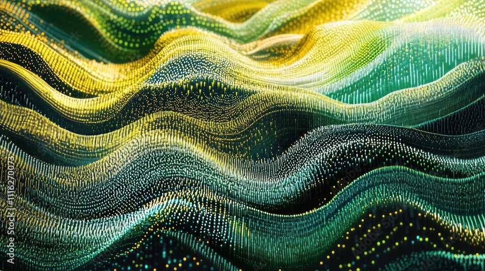 Poster a hypnotic abstract design made up of thousands of pixel dots, arranged to form waves of color from 