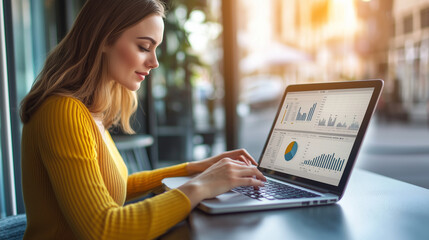 A determined businesswoman analyzing online business trends on her laptop, with a virtual dashboard and urban background blending seamlessly