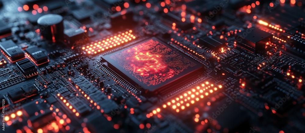 Poster close-up of a glowing red circuit board with a processor chip and glowing lights.