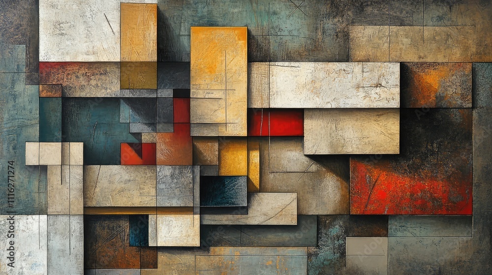 Poster a low-res abstract art composition with geometric squares and blocks in a chaotic yet balanced arran