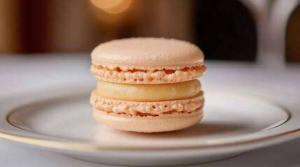 Fototapeta premium Elegant beige macaron on a white plate with blurred background, highlighting its creamy and delicate texture.
