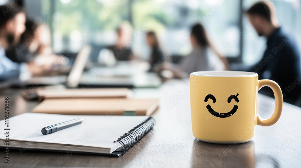 Poster a happy coffee cup with a smiley face placed next to a notebook on a clean desk, with a blurred view