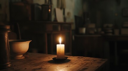 Single White Candle Burning in Dim Light