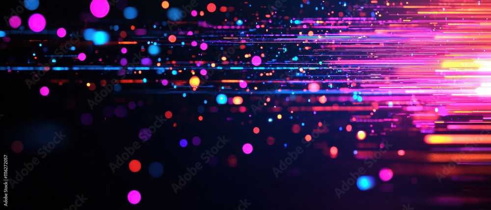 Poster a vibrant, abstract design featuring colorful lights and particles, creating a dynamic sense of moti