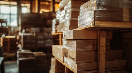 Obraz premium Warehouse Interior with Stacked Cardboard Boxes and Wooden Shelves, Soft Lighting Creating a Warm Atmosphere in a Storage Facility for Goods and Products