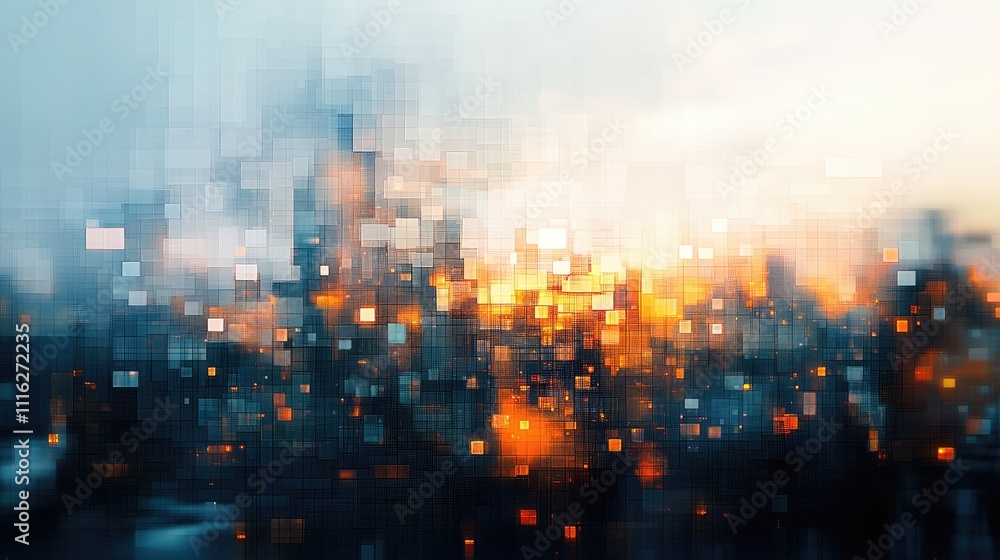 Poster a low-res digital abstraction of a cityscape with fragmented pixel blocks and hazy light effects in 