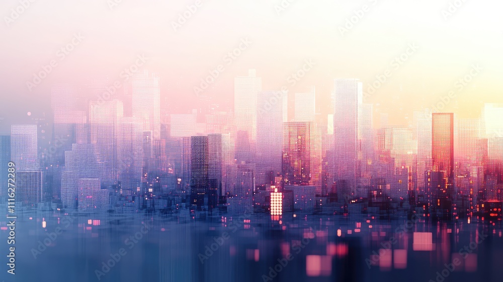 Poster a low-res digital abstraction of a cityscape with fragmented pixel blocks and hazy light effects in 