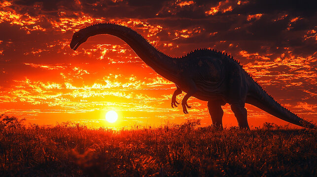 a giant brachiosaur dinosaur silhouette against a setting sun