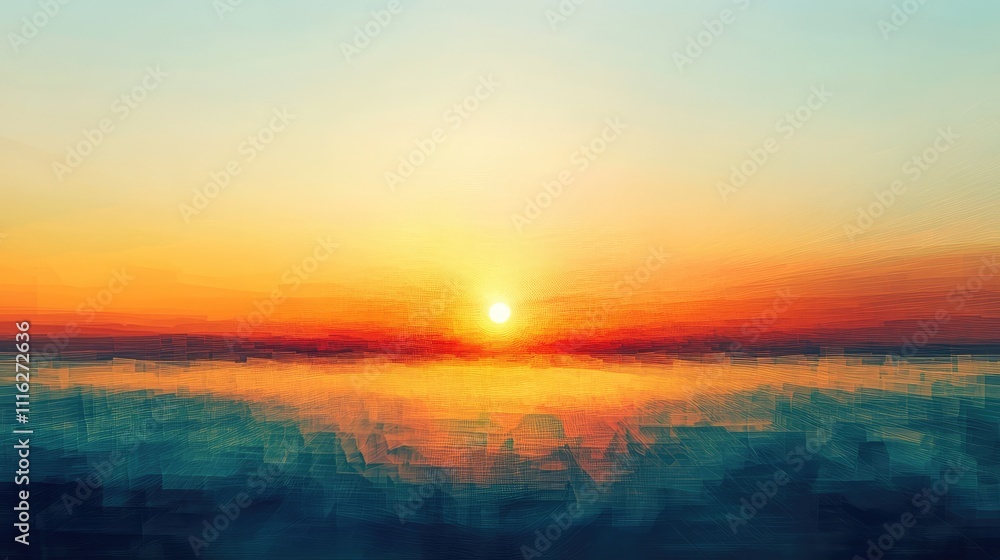 Poster a low-res digital abstraction of a sunset scene with pixelated sun and soft color transitions across