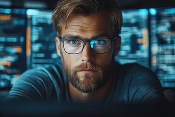 Obraz premium focused young programmer coding at a sleek desktop setup in a modern office, immersed in technology and innovation, surrounded by screens and collaborative energy