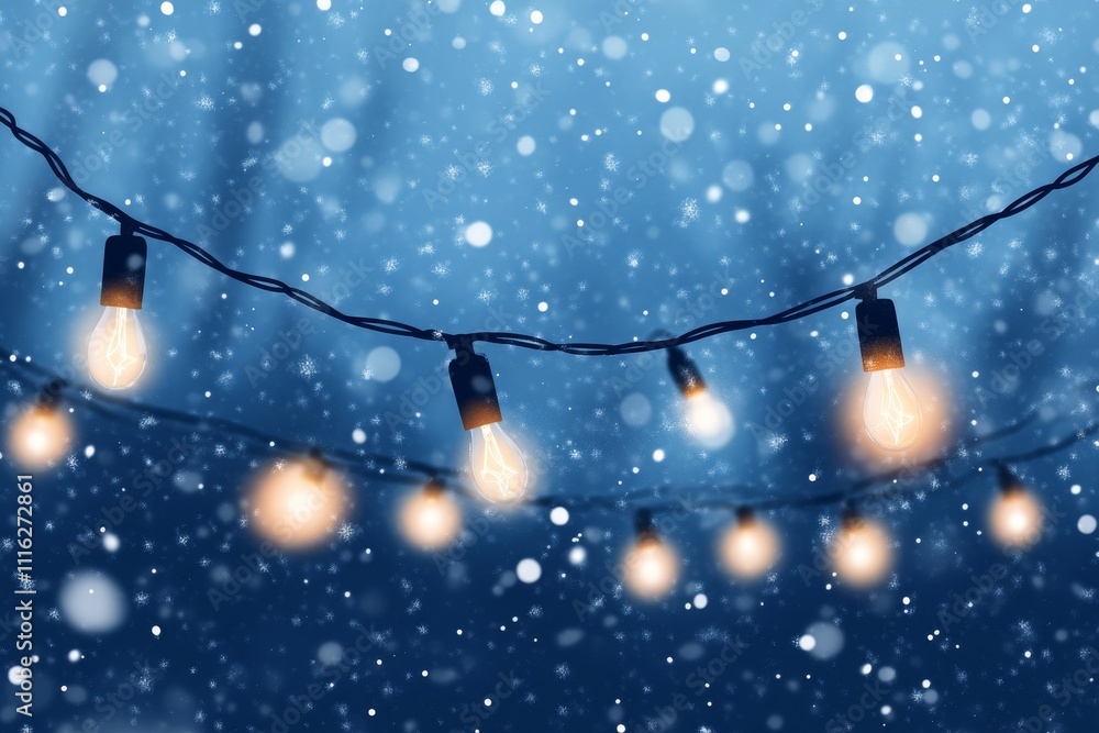 Poster cozy winter evening with glowing string lights and soft snowfall creating a magical atmosphere for h