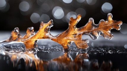 An oak branch encased in glistening ice, evoking the crisp and still beauty of a winter morning