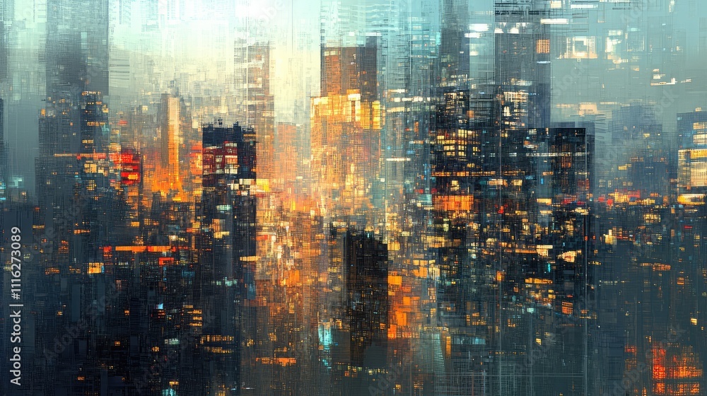 Poster a low-res digital abstraction of a cityscape with fragmented pixel blocks and hazy light effects in 