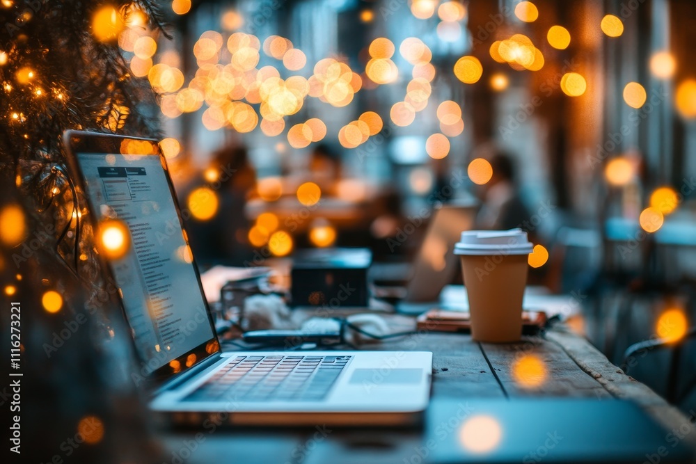 Poster cozy workspace with laptop and coffee cup surrounded by soft glowing lights creating a warm atmosphe
