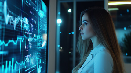 Obraz premium A professional woman explaining her innovative ideas in a modern meeting room, with a digital screen displaying graphs and charts to support her business growth strategy