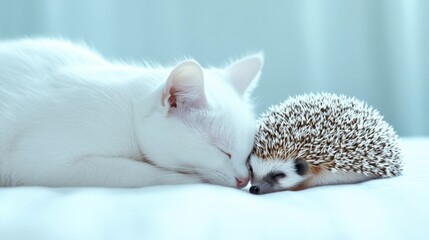 Fototapeta premium White cat and hedgehog sleeping peacefully together on a soft white surface in gentle light, AI