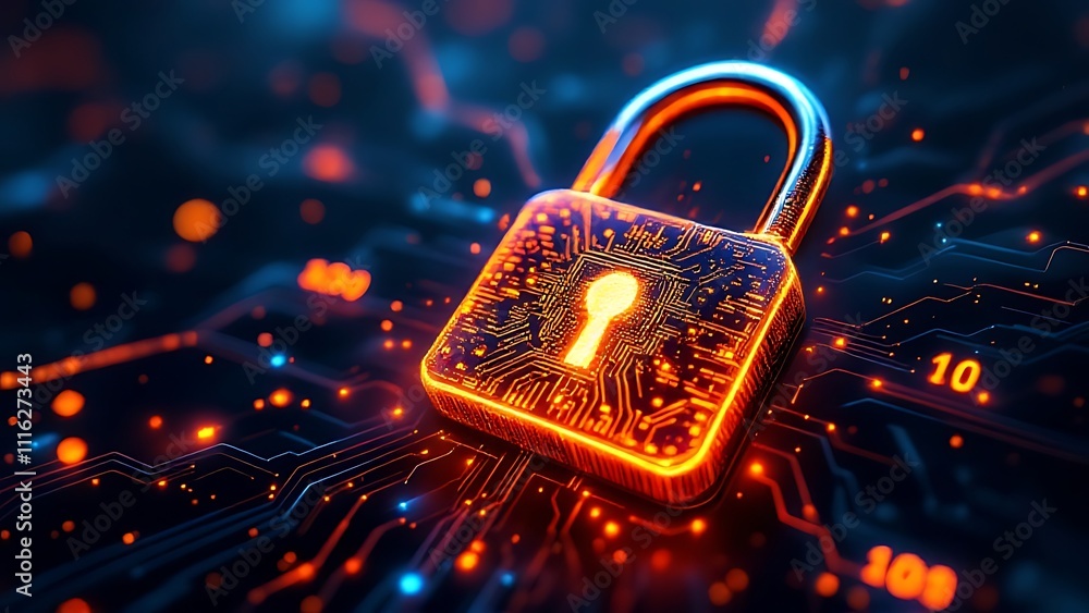 Poster a glowing digital padlock symbolizes cybersecurity, set against a backdrop of circuit patterns, repr