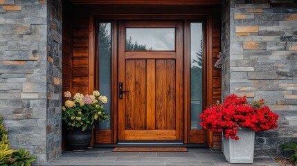 Modern wooden front door with stone walls and potted flowers.