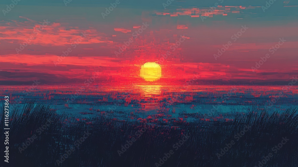 Poster a low-res digital abstraction of a sunset scene with pixelated sun and soft color transitions across