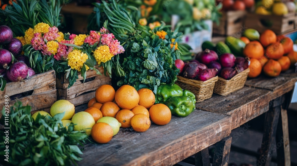 Poster A beautiful wooden table topped with an array of fruits and vegetables