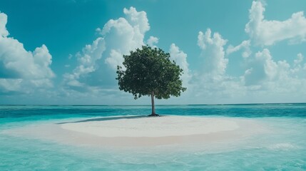 Obraz premium Serene Desert Island with a Tree in Blue Waters
