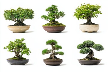 Fototapeta premium Set of bonsai in a vase isolated in white background