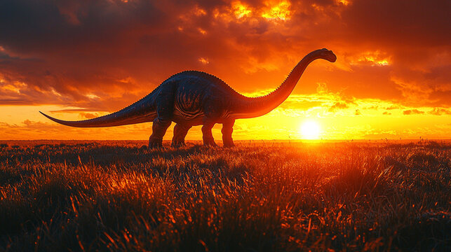 a giant brachiosaur dinosaur silhouette against a setting sun