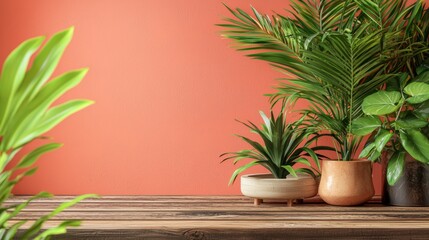 Fototapeta premium A wooden table with potted plants is in front of a red wall