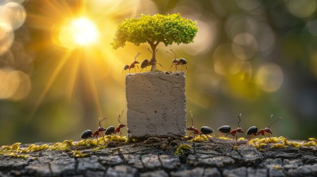 A team of ants collaborating to transport a cement brick, representing unity and cooperation