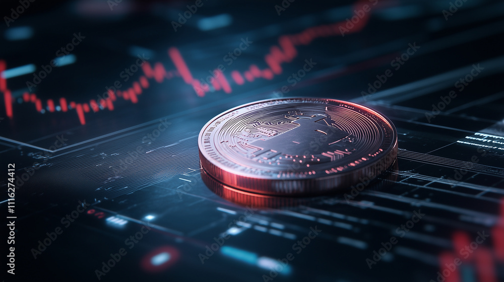 Poster a glowing coin with intricate circuitry designs, set against a background of financial charts and fu