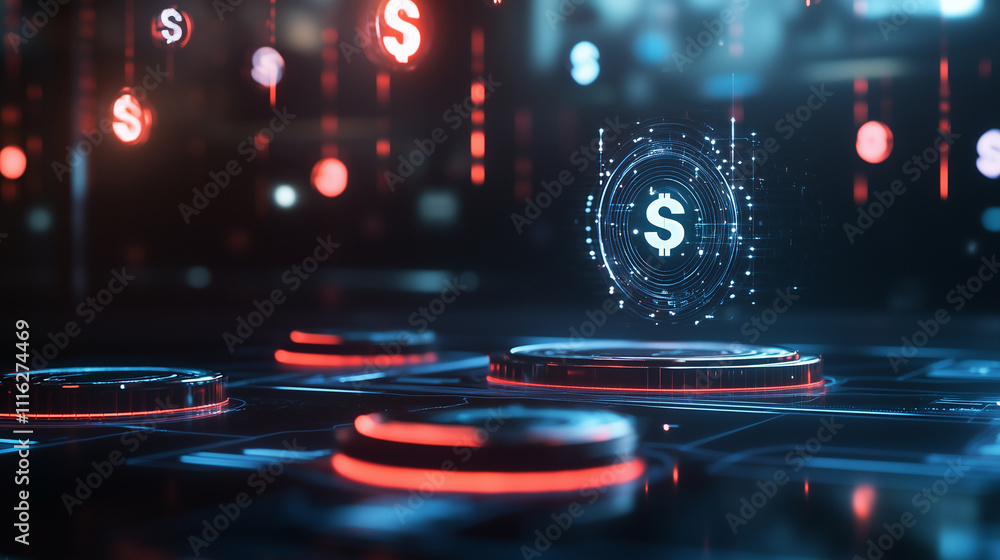 Aufkleber a glowing ai hologram connected to a network of floating coins and dollar symbols, representing an a
