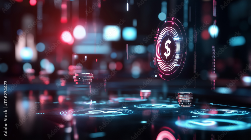Aufkleber a glowing ai hologram connected to a network of floating coins and dollar symbols, representing an a