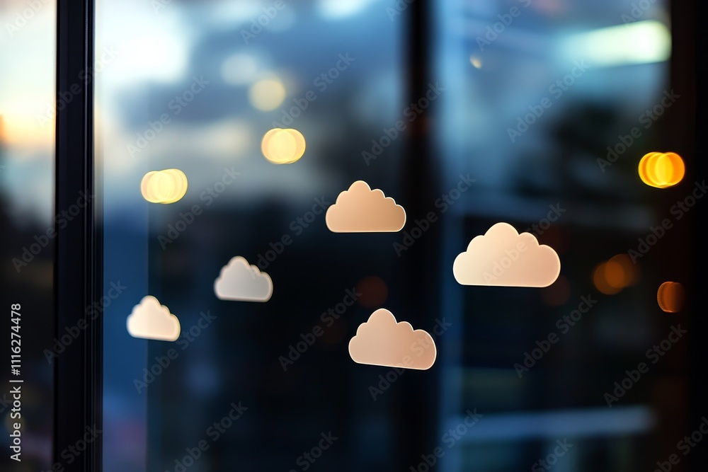 Poster decorative cloud stickers on glass window with a beautiful sunset background and bright bokeh lights