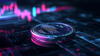 Obraz premium A glowing coin with intricate circuitry designs, set against a background of financial charts and futuristic AI graphics