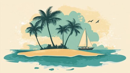 Fototapeta premium Tropical Island with Coconut Trees and Sailboat