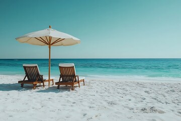 Beach Chairs and Umbrella on Sandy Shore