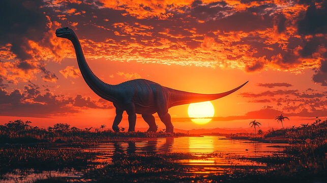 a giant brachiosaur dinosaur silhouette against a setting sun