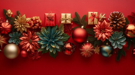 Christmas gifts and ornaments on a vibrant red background for festive celebrations